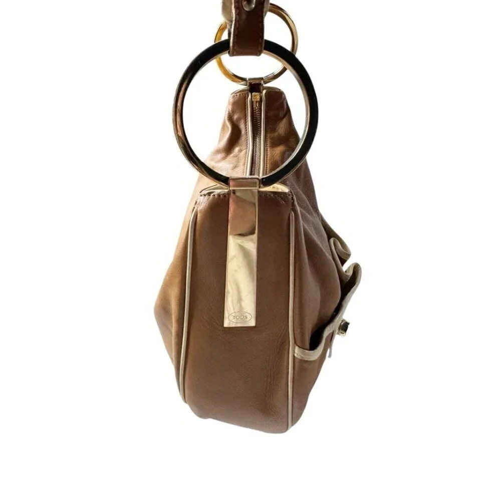 TOD'S Small Tan Leather Pocket Shoulder Hobo Bag Gold Rings Strap Made In Italy